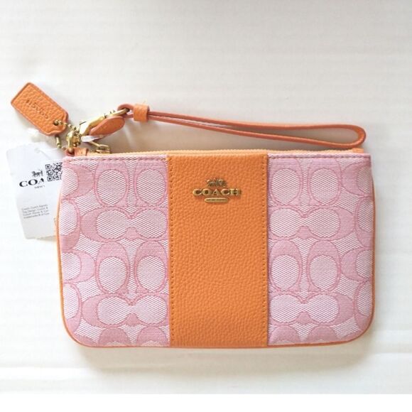 New! COACH Small Wristlet in Signature Jacquard Pebbled Leather B4/Taffy Orange - Picture 4 of 5